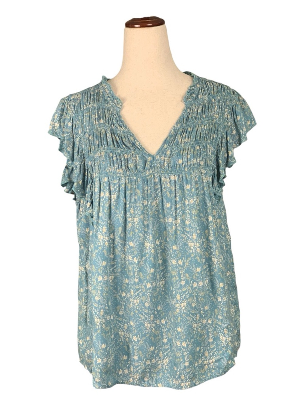 Lucky Brand Teal Boho Floral Smocked V-Neck Top‎ Peasant Blouse Coquette Large - Picture 2 of 11